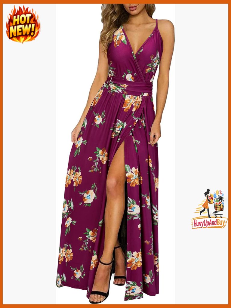 Flowy Maxi Dress V-Neck Spaghetti Strap Side Split Boho Casual Wedding Guest